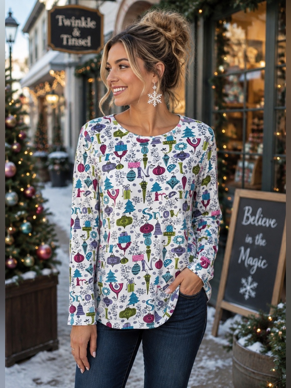 Christopher & Banks Christmas Ornament Holiday Print Top M